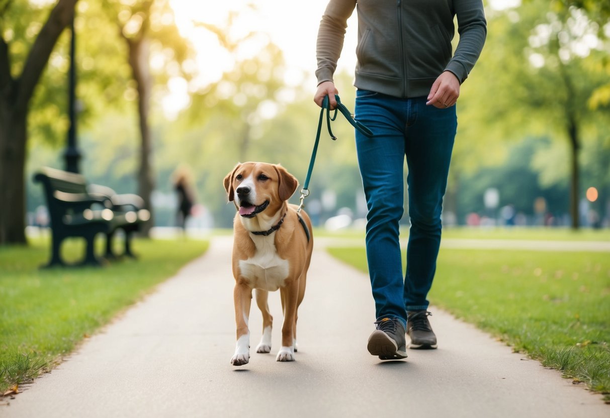 A dog walking calmly beside its owner, leash slack, both enjoying a peaceful stroll in a park