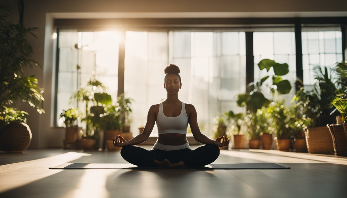 A serene, sunlit room with plants, soft lighting, and cozy furniture. A person meditates or practices yoga, surrounded by calming elements like essential oils and soothing music