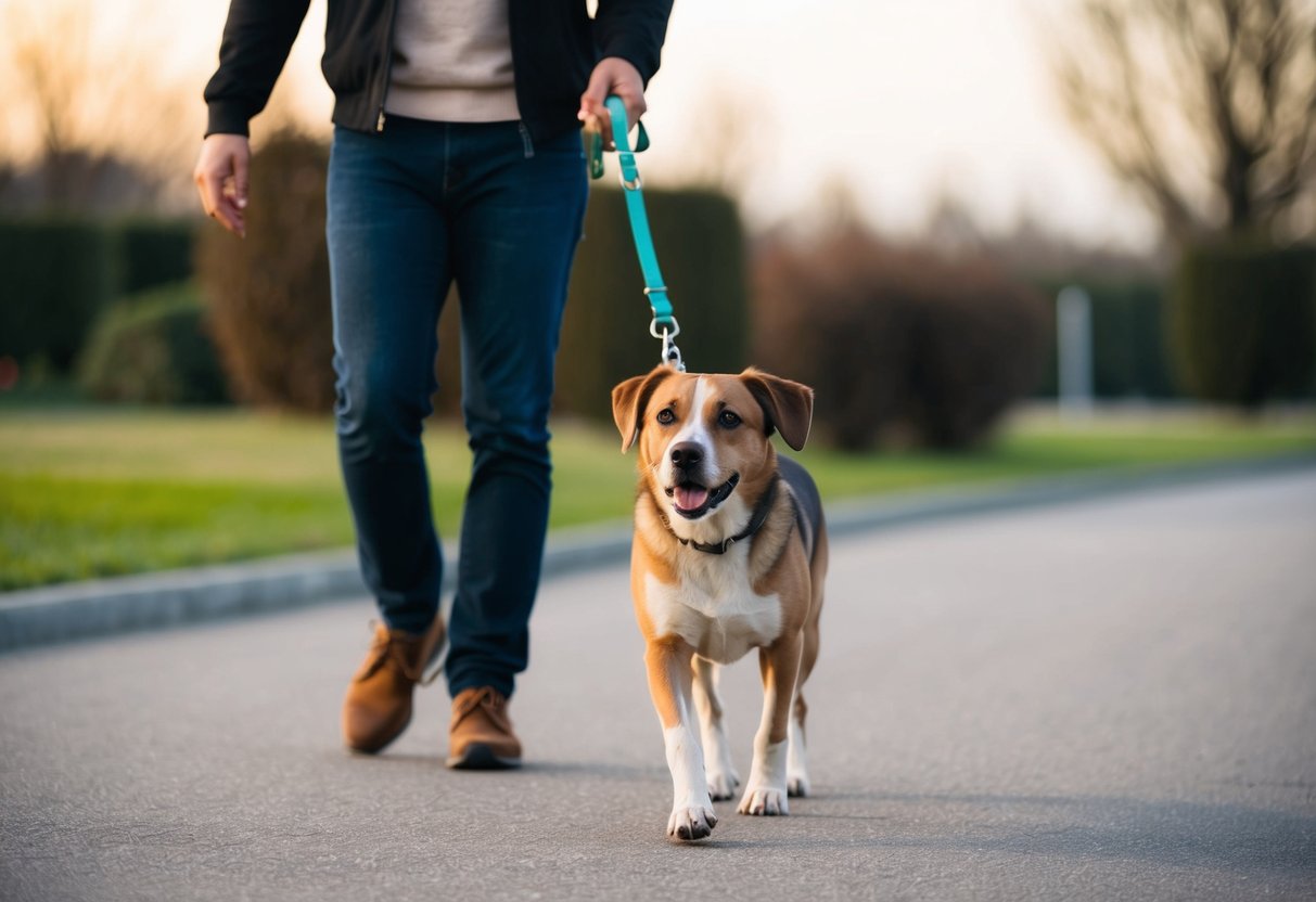 A dog walking calmly on a leash beside its owner, with no tension or pulling on the leash. The dog's body language shows relaxation and attentiveness