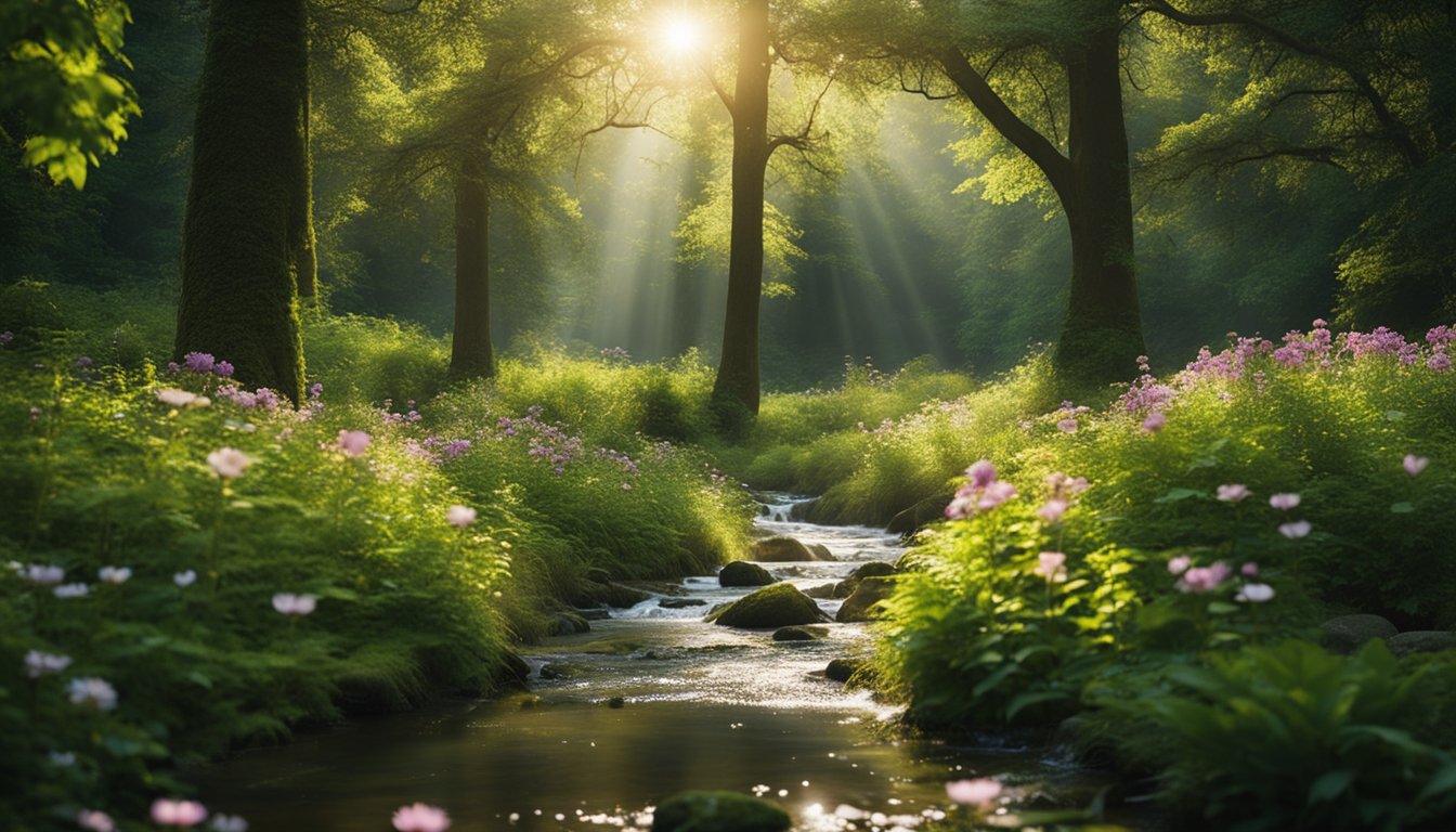 A serene forest clearing with a gentle stream, surrounded by lush greenery and vibrant flowers, with rays of sunlight breaking through the canopy above