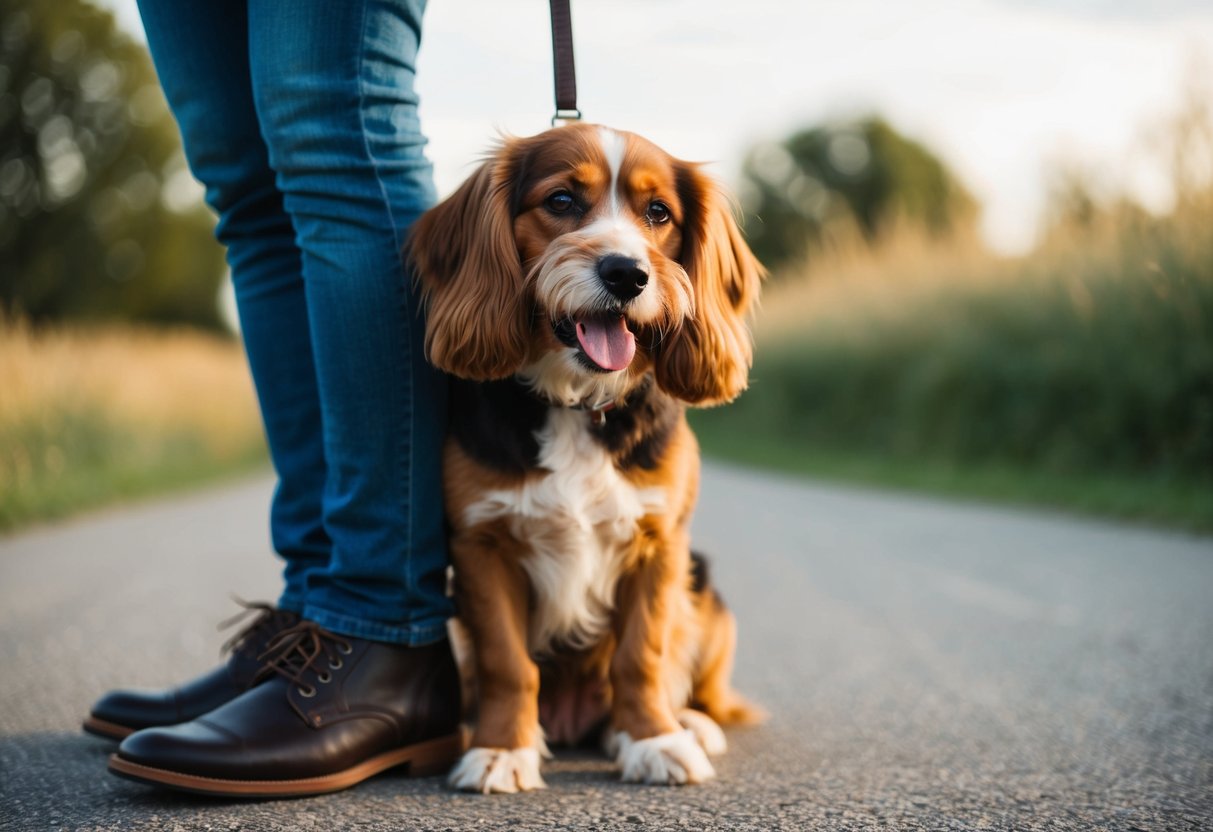 A dog nuzzling its head against its owner's leg, with a wagging tail and adoring eyes