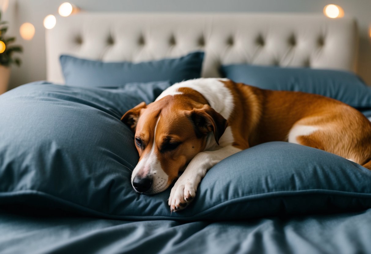 A loyal dog curls up next to its owner, nestled in a cozy bed surrounded by familiar scents and comforting warmth