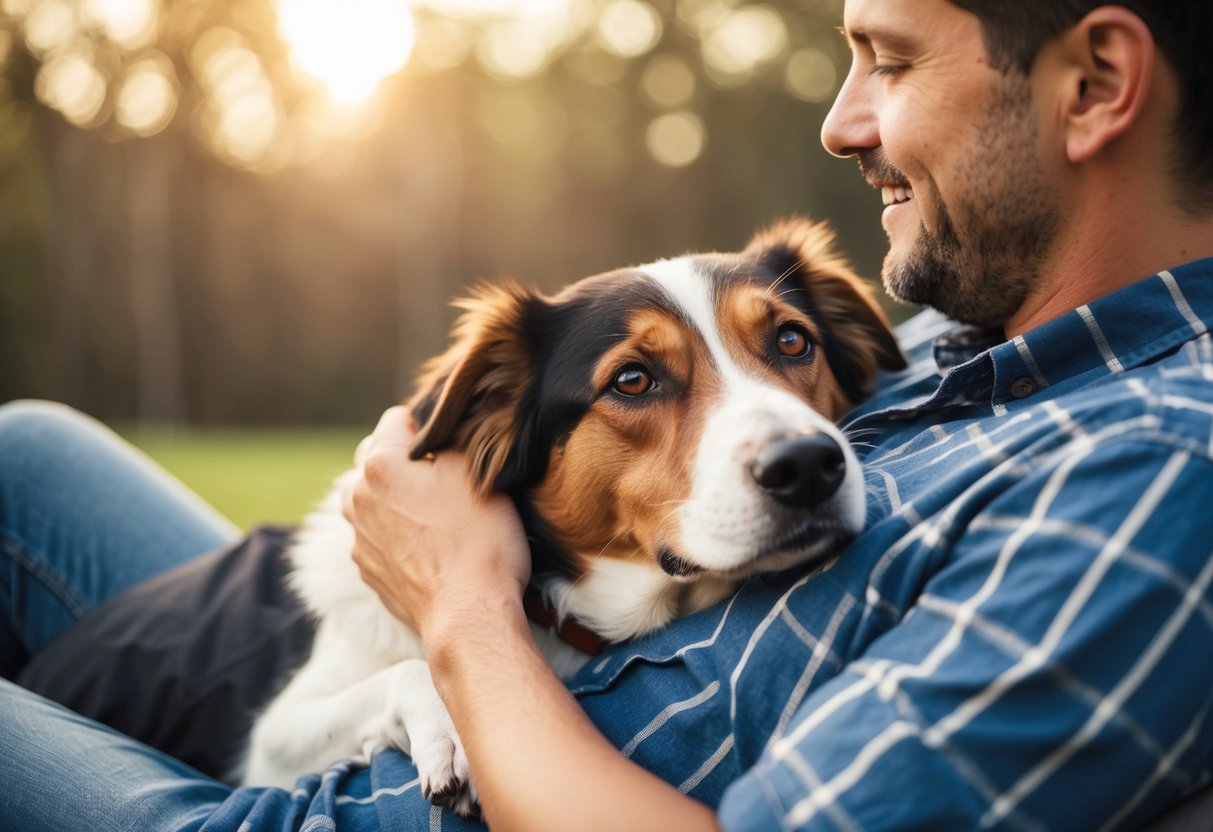 A dog resting its head on its owner's lap, gazing up with adoring eyes as the owner pets its fur, creating a strong emotional bond