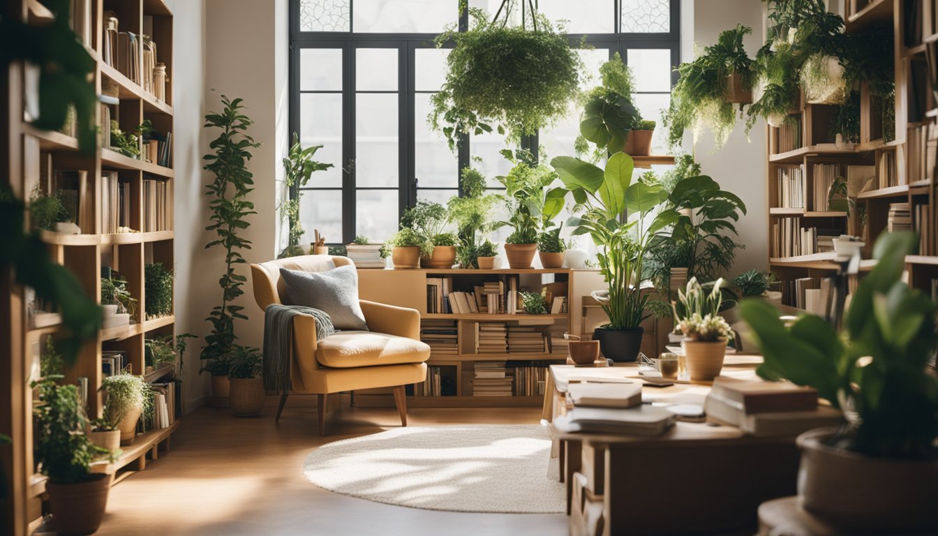 A cozy, sunlit room with plants, soft lighting, and comfortable furniture. Books and art supplies are neatly organized, creating a peaceful and inviting atmosphere