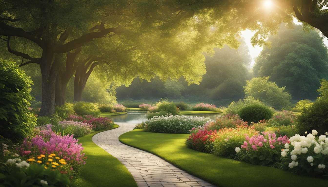 A serene garden with a winding path leading to a tranquil pond surrounded by lush greenery and colorful flowers, with a soft glow of sunlight filtering through the trees