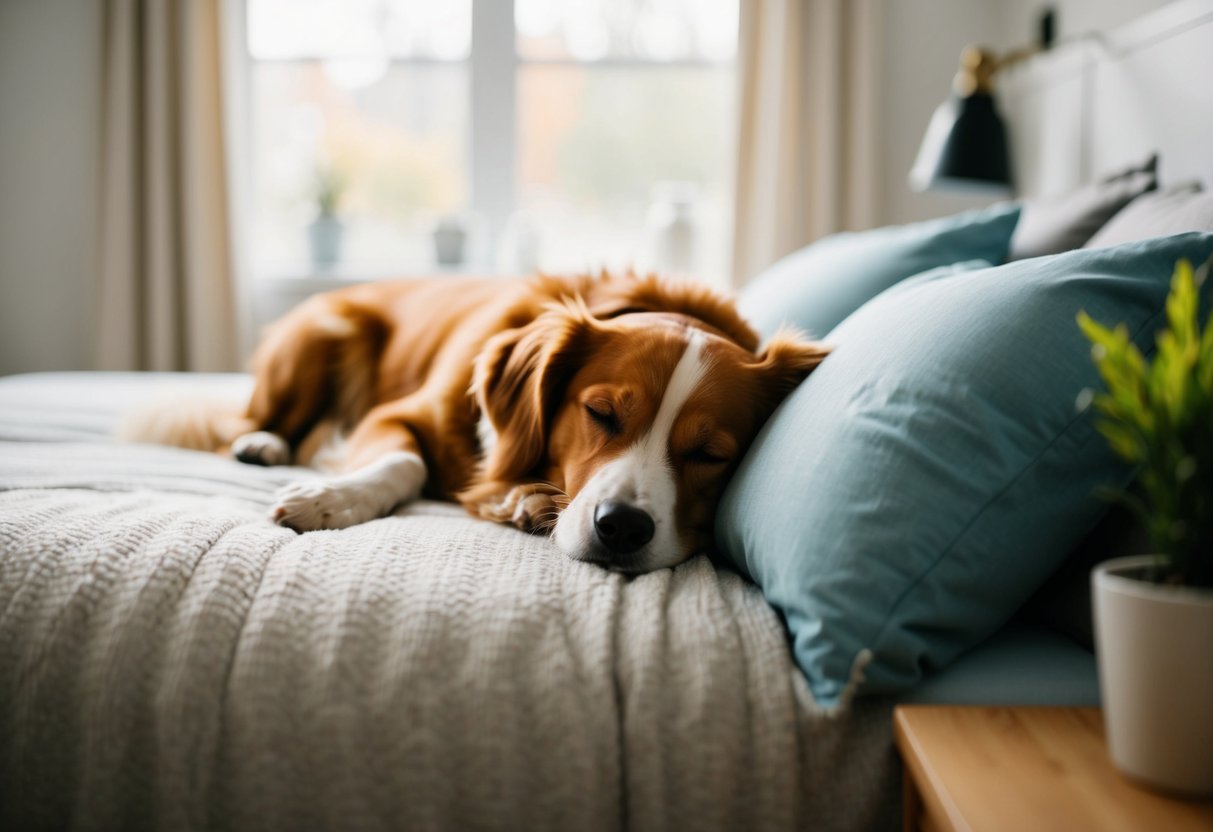 A dog peacefully sleeping next to its favorite person on a cozy bed