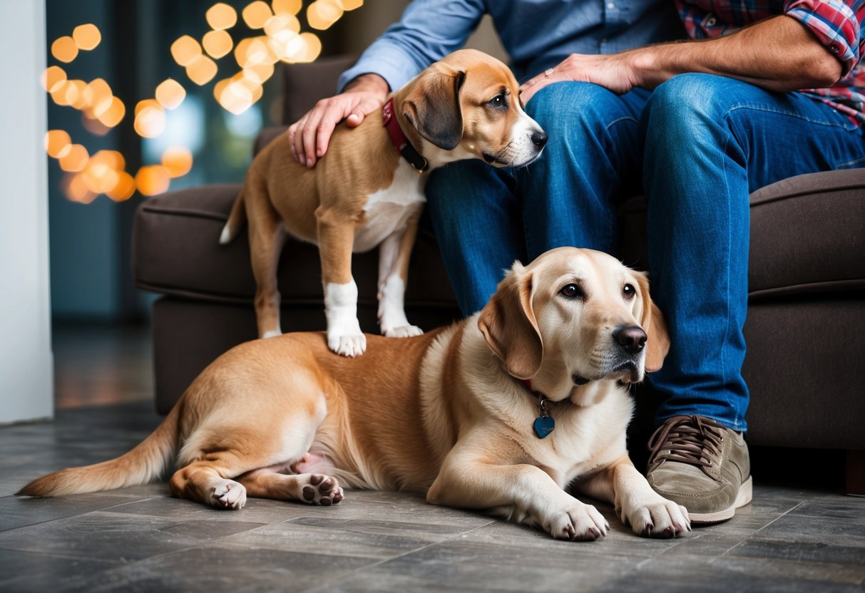 A puppy nuzzling its owner's leg, a fully grown dog resting its head on the owner's lap, and an elderly dog lying next to the owner's feet