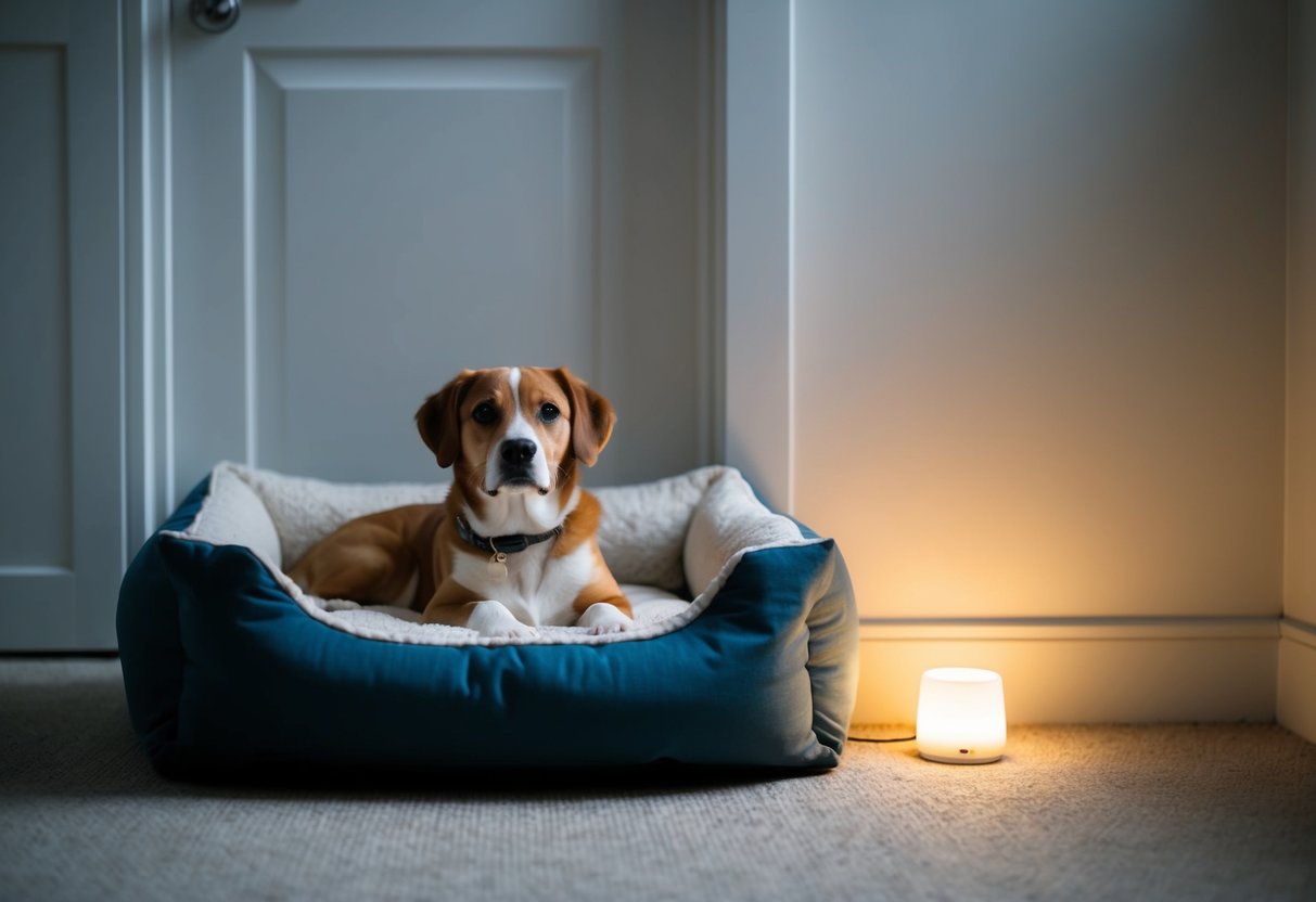 A cozy dog bed in a quiet, dimly lit room with a small nightlight