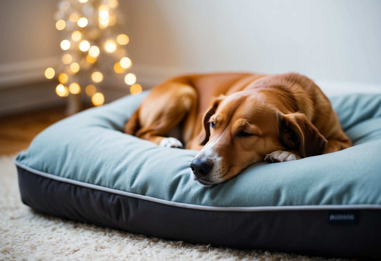 A dog peacefully sleeping in its own bed, surrounded by a cozy and safe environment