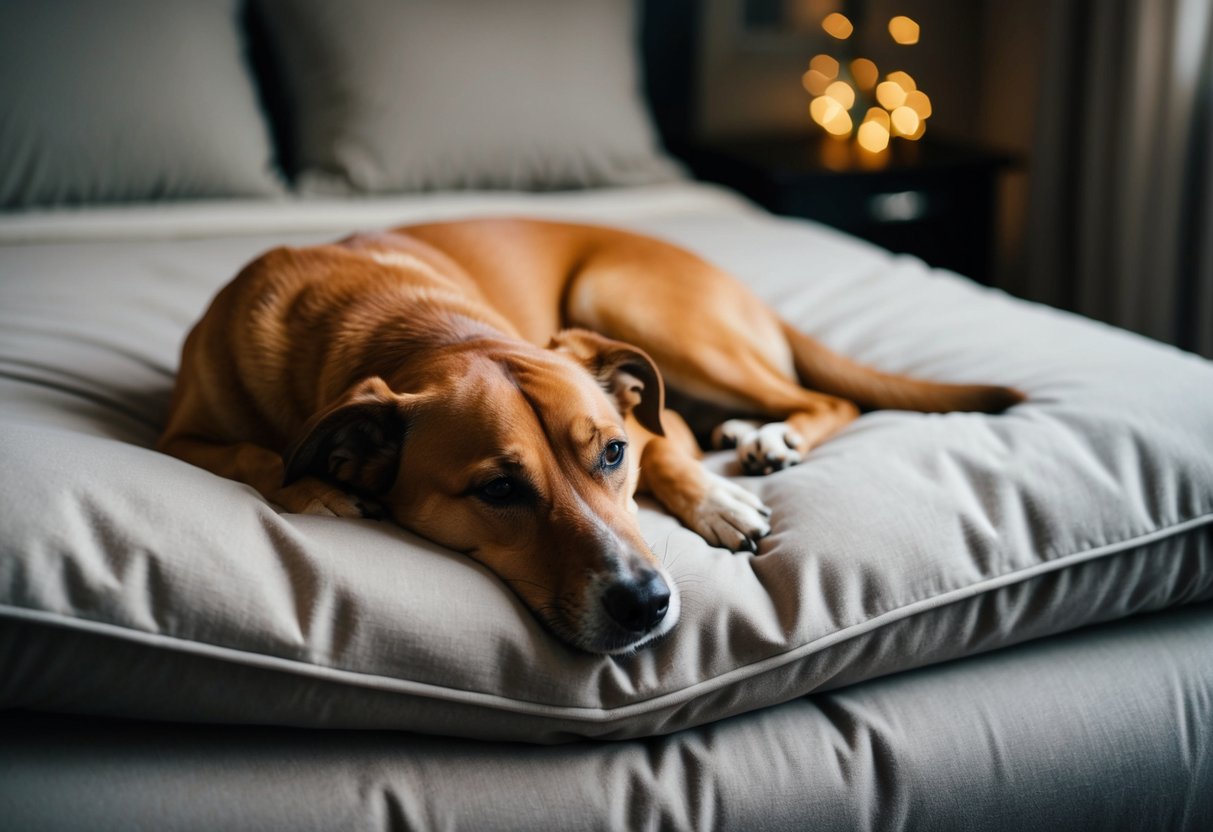 A dog curled up on a cozy bed in a dimly lit room, looking relaxed and peaceful