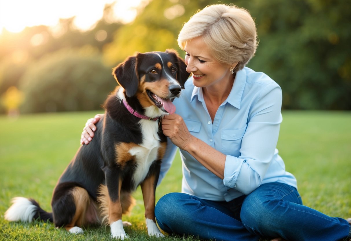 A dog sitting next to their owner, wagging its tail and leaning in for pets