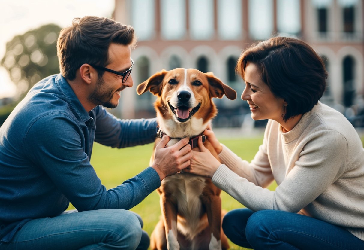 Two people playing with a dog, each receiving equal attention and affection from the canine