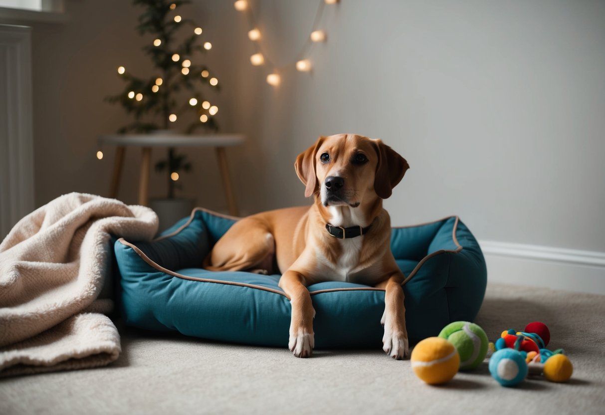 A cozy dog bed in a quiet, dimly lit room with soft blankets and toys scattered nearby