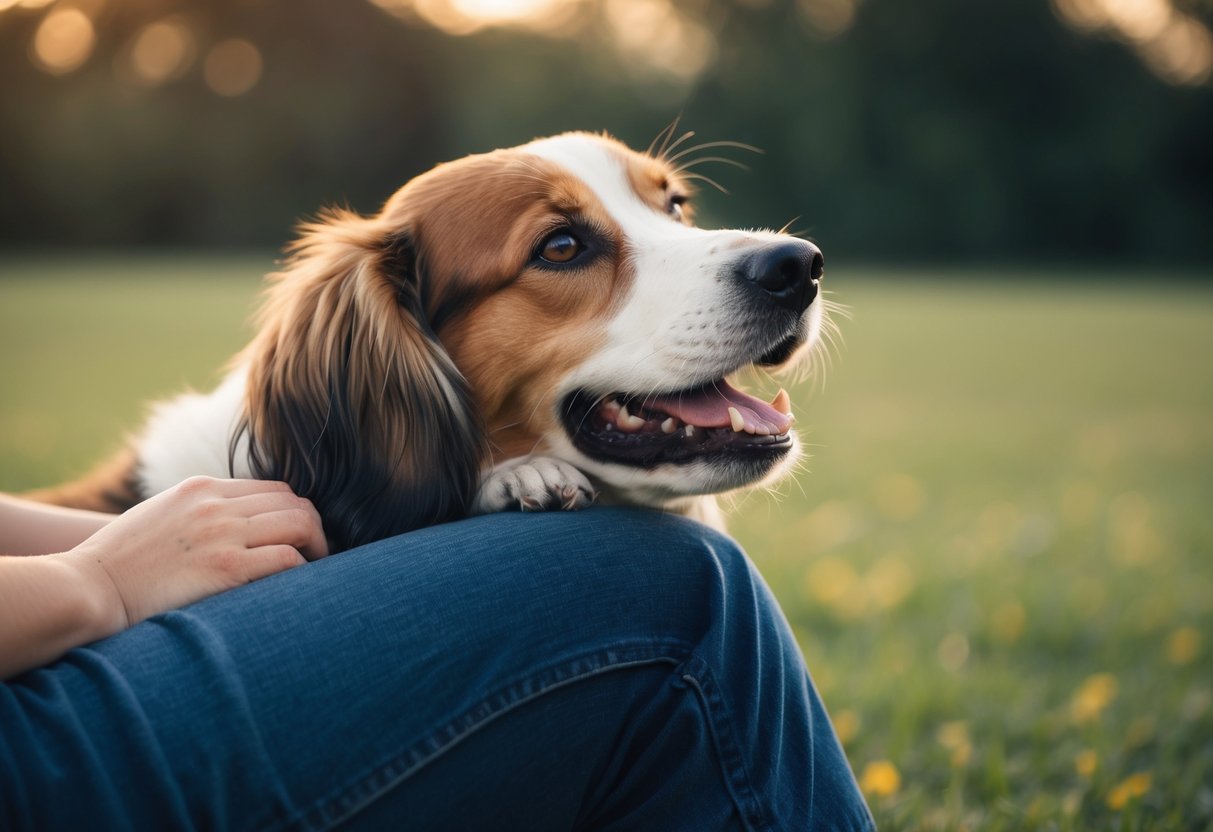 A dog nuzzling up to a person's leg, wagging its tail and looking up with adoring eyes
