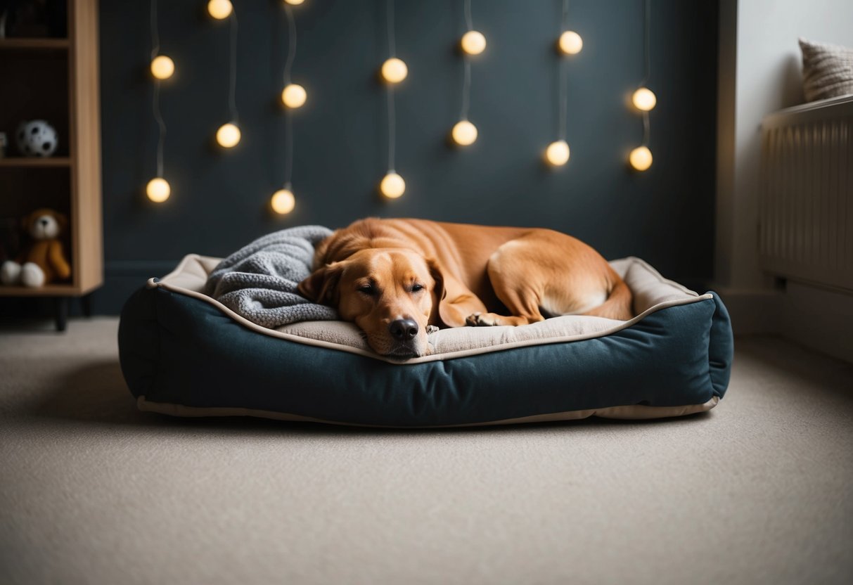 A cozy dog bed in a dimly lit room, with a peaceful canine peacefully sleeping alone, surrounded by comforting toys and blankets