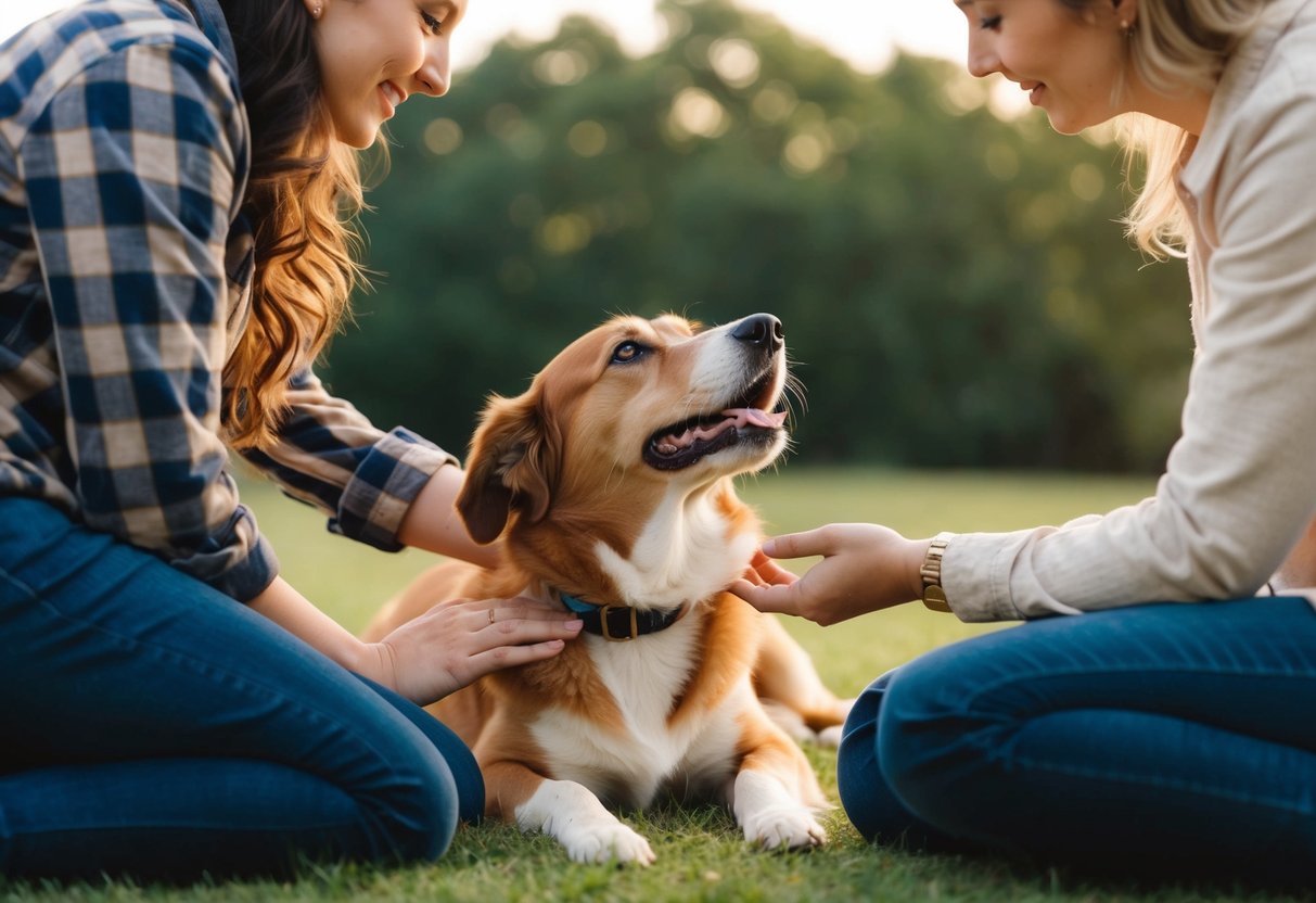 A dog lying between two people, wagging its tail and looking up at one person while the other person pets its head