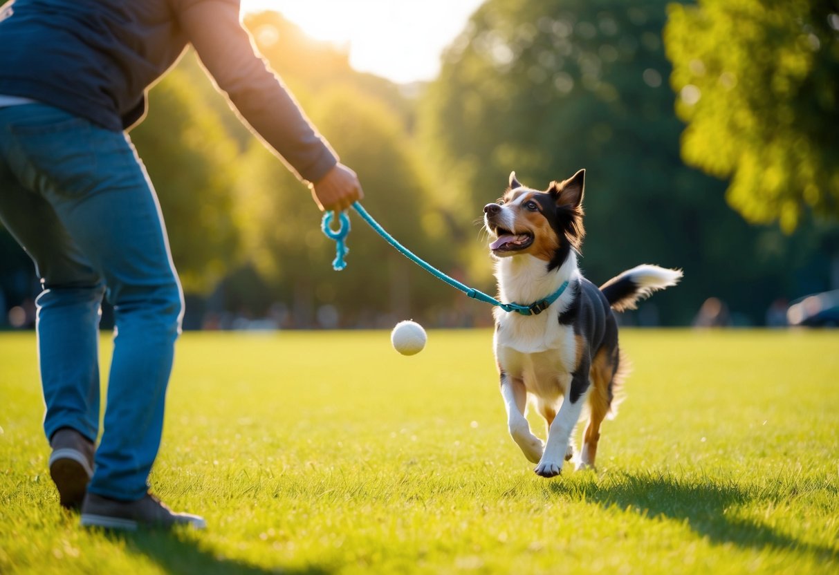 A dog eagerly follows a person playing fetch in a sunlit park, wagging its tail and looking up with adoring eyes