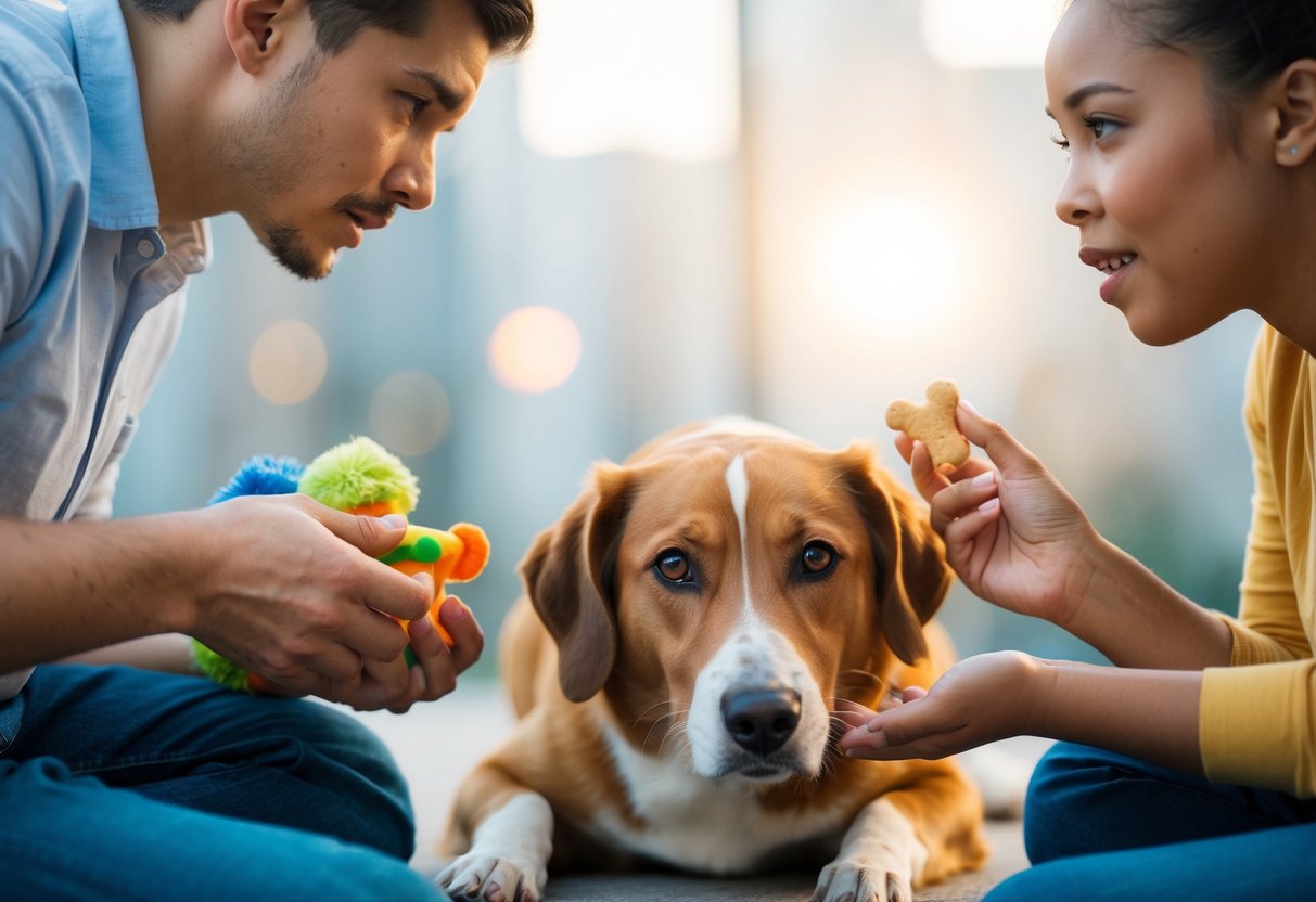 A dog lying between two individuals, looking back and forth with a concerned expression. One person is holding a toy, the other is offering a treat