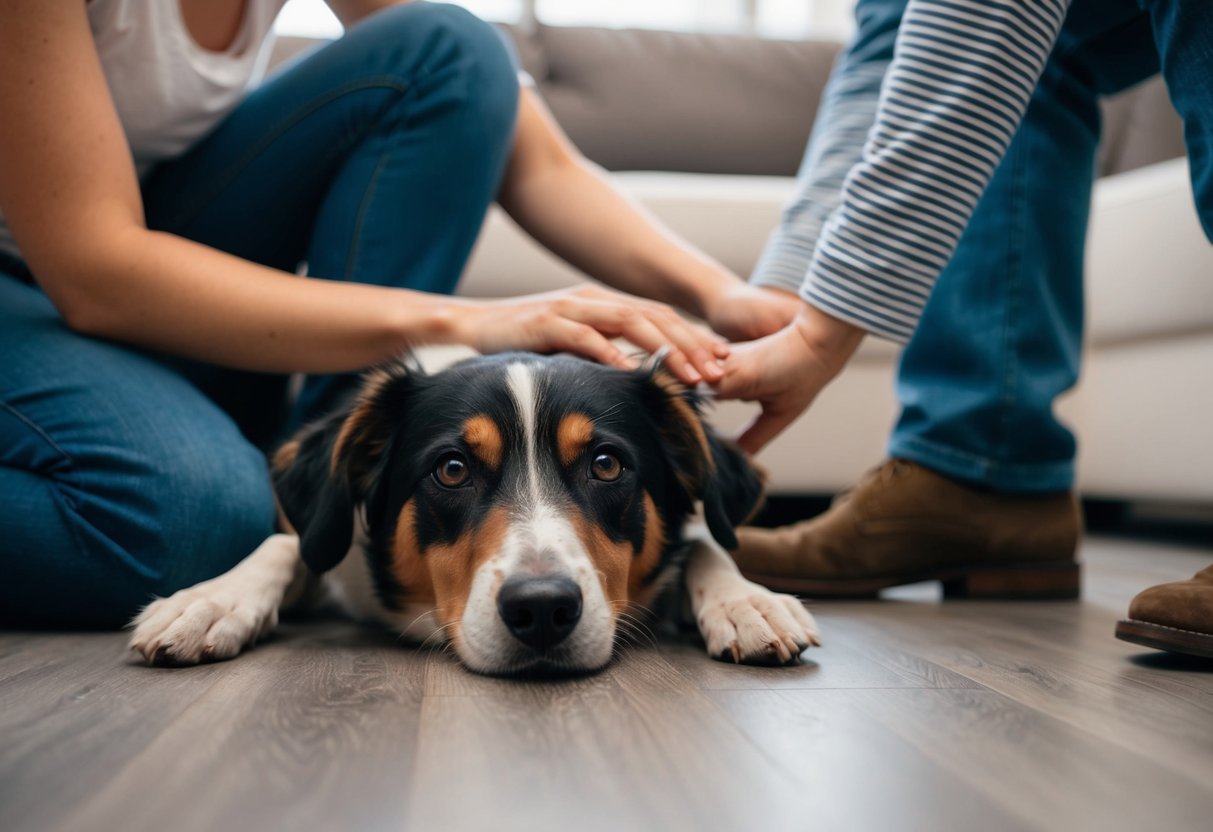 A dog lying at the feet of a person, looking up with adoring eyes as the person pets them