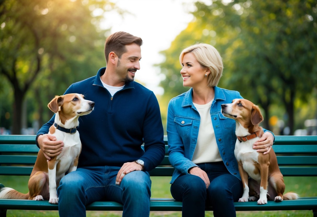 Two people sitting on a park bench, each with a dog by their side. The dogs are looking up at their respective owners with adoring eyes