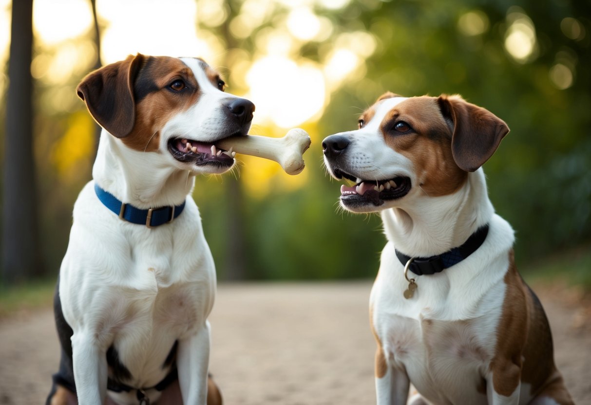 Two dogs sitting side by side, one with a bone and the other looking longingly at it