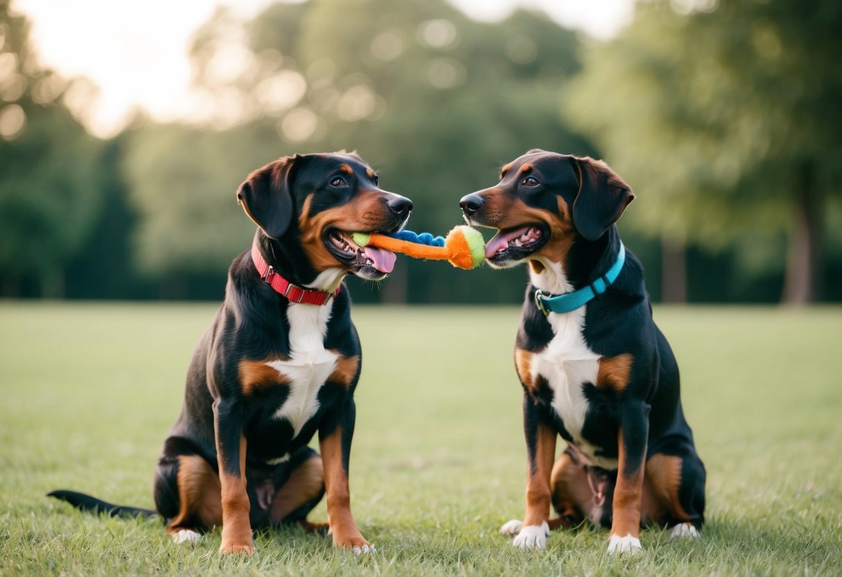 Two dogs sitting side by side, one with a toy in its mouth and the other looking longingly at it. Their body language suggests a hint of jealousy between them