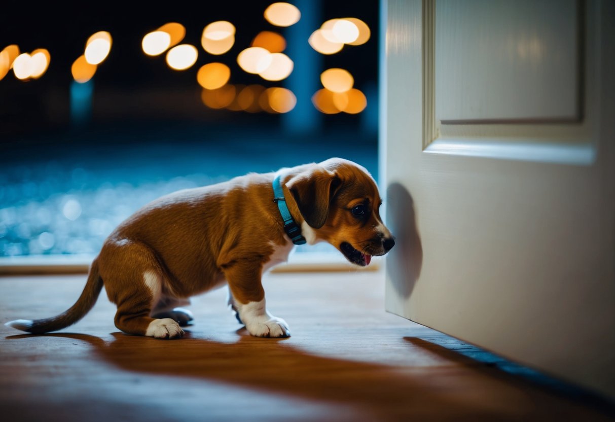 A 12-week-old puppy squirming by a closed door at night