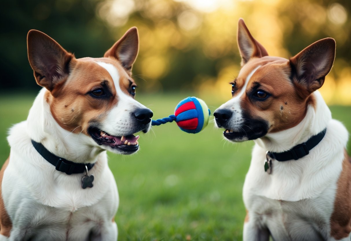 Two dogs sitting side by side, one looking longingly at a toy the other is playing with. The jealous dog's ears are pinned back and its eyes are narrowed