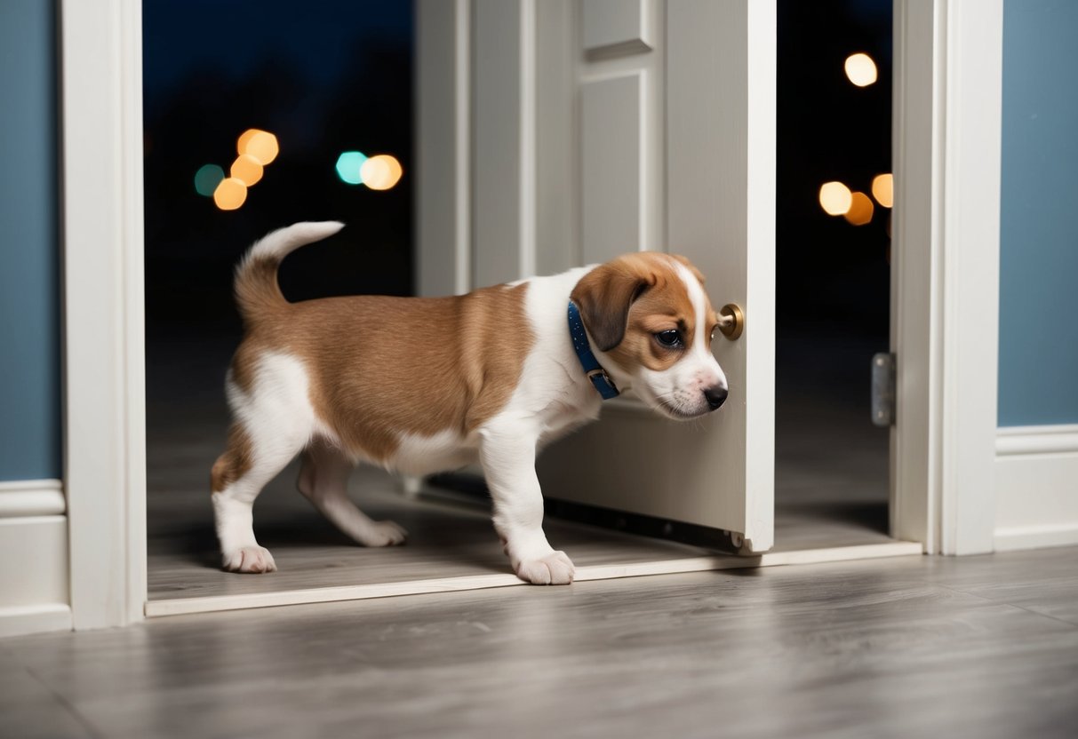 A 12-week-old puppy squirming by the door at night, unable to hold its pee much longer