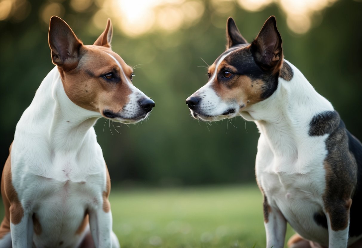 Two dogs sitting side by side, one looking at the other with a slightly lowered head and narrowed eyes, while the other dog looks away with a tense body posture