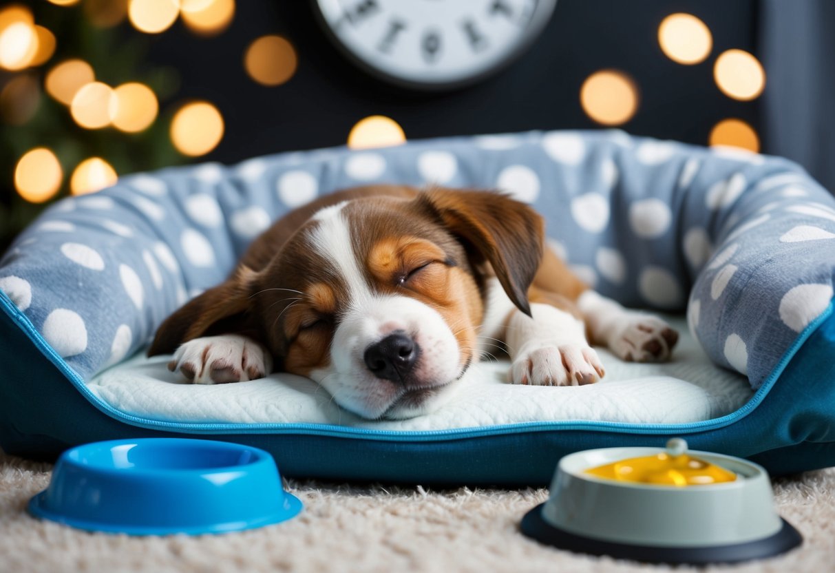 A 12-week-old puppy sleeping in a cozy bed, surrounded by potty training pads and a water bowl, with a clock showing the passing of time through the night