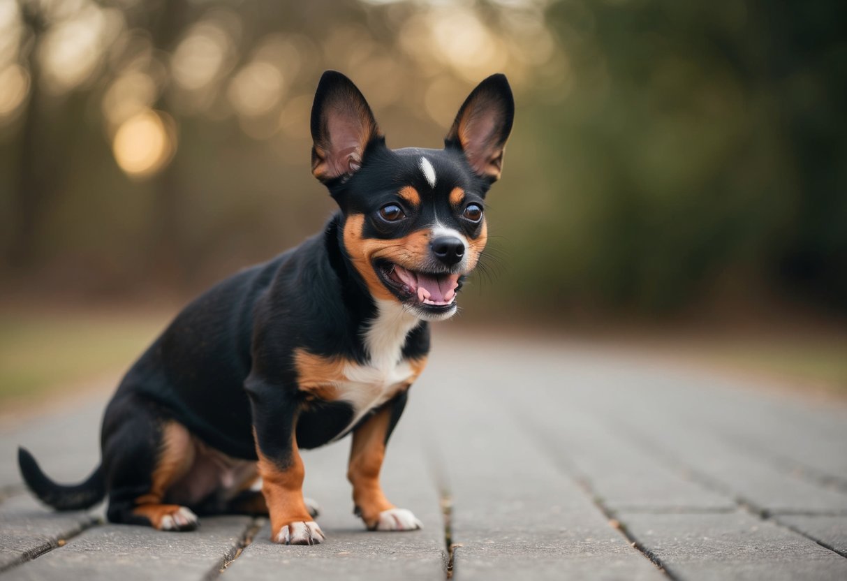 A small dog crouching, ears back, teeth bared, low growl