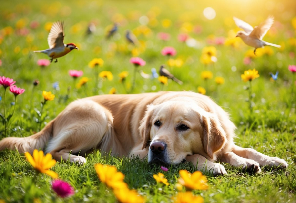 A golden retriever lies peacefully in a sunlit meadow, surrounded by colorful flowers and chirping birds