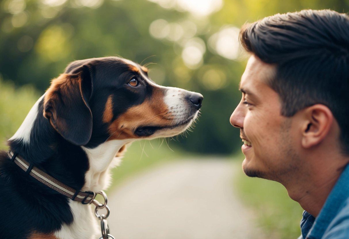 A dog gazing up at a person with adoring eyes, following them closely and seeking physical contact