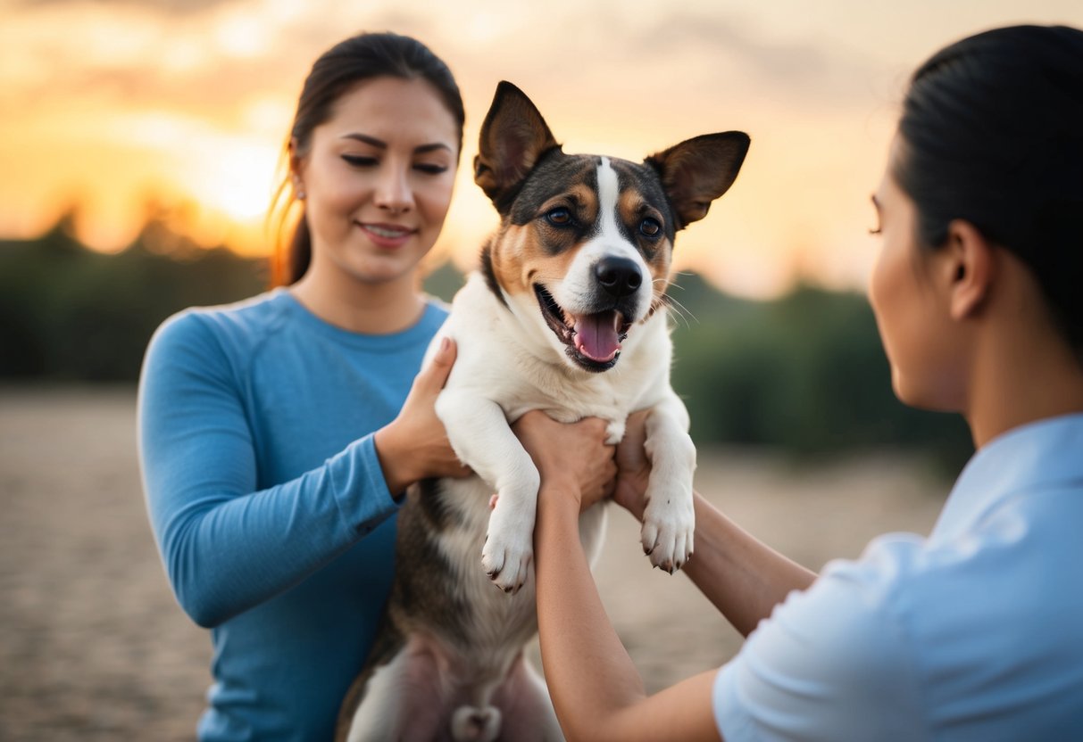 A dog being gently lifted by a person, with the dog's ears back and a low growl coming from its mouth