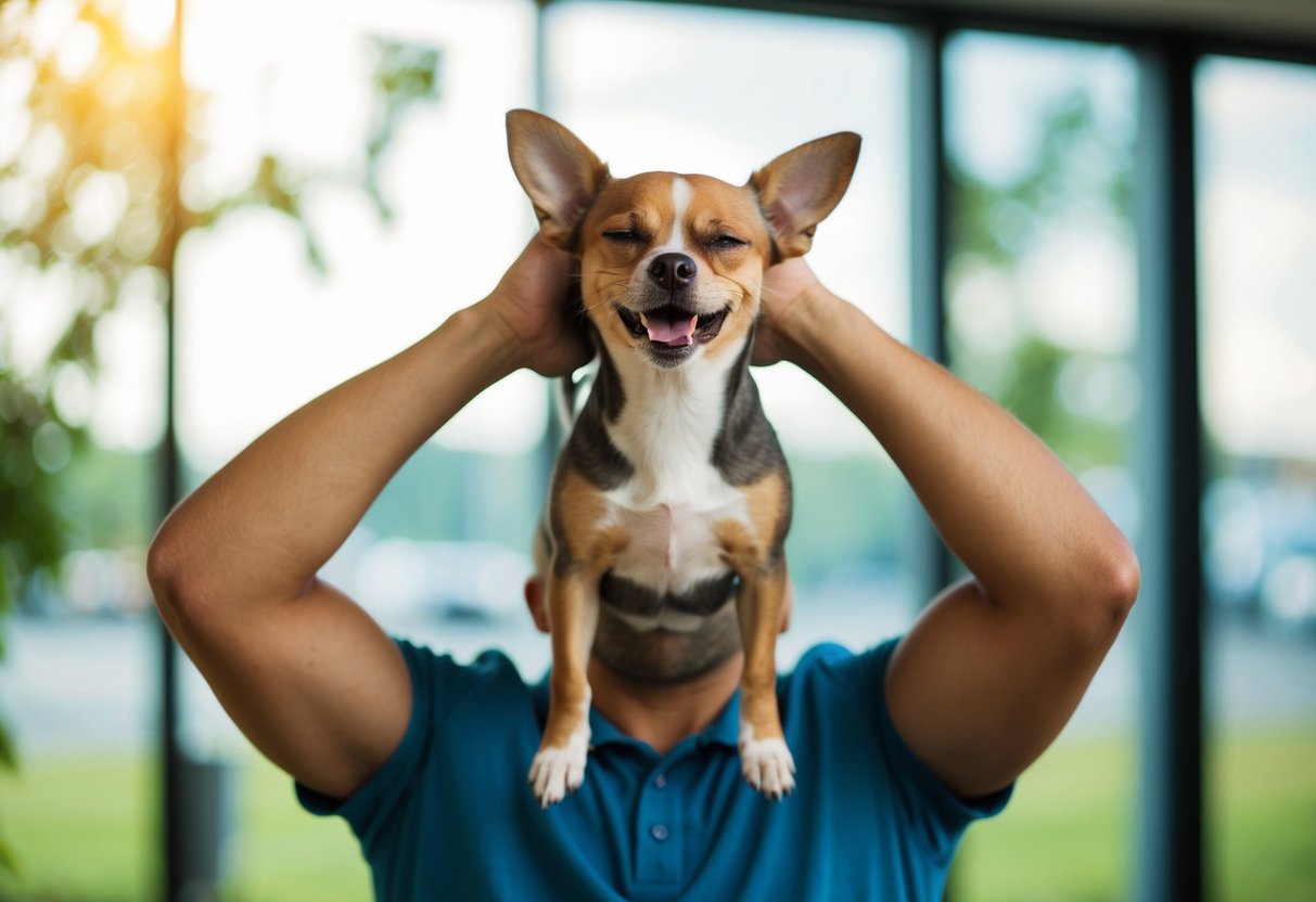 A small dog growls while being lifted by a person, showing signs of discomfort or pain