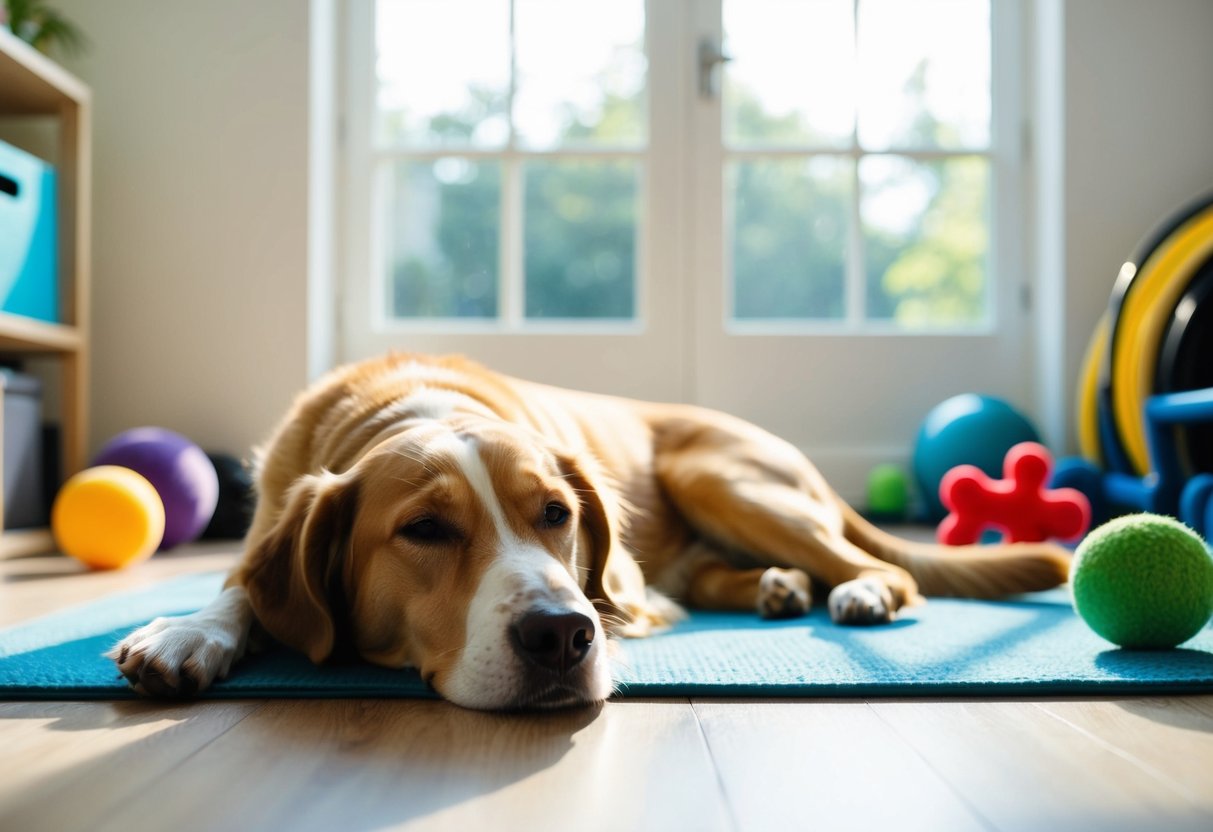 A serene dog lying peacefully in a quiet, sunlit room, surrounded by calming toys and training equipment