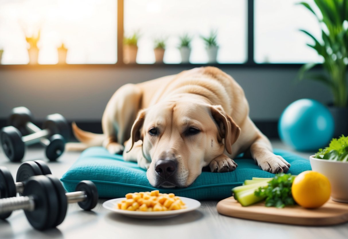 A serene, mature dog resting in a peaceful environment, surrounded by healthy lifestyle factors such as exercise equipment, healthy food, and a comfortable living space