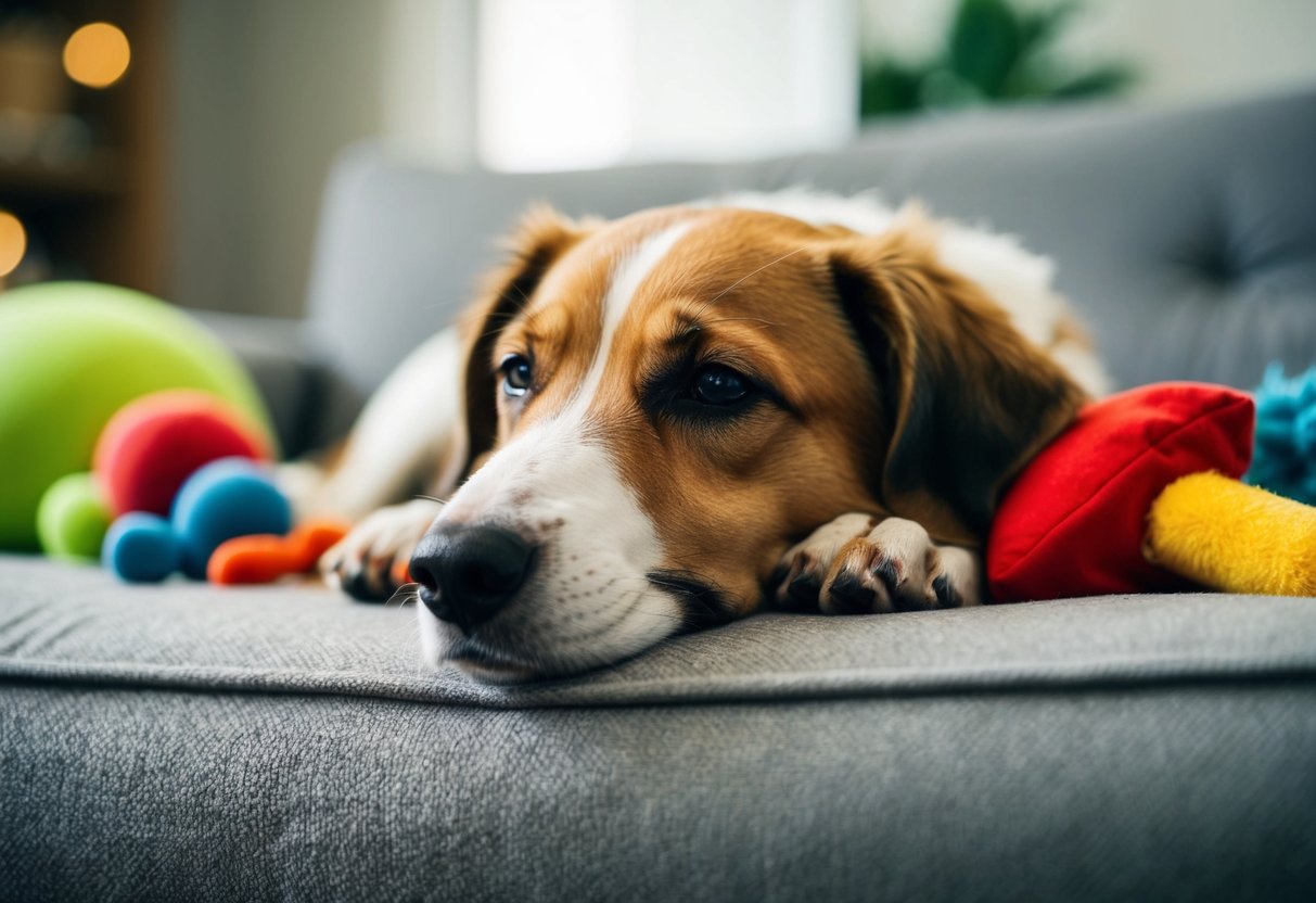 A young dog peacefully resting in a comfortable and calm environment, surrounded by toys and with a relaxed expression on its face