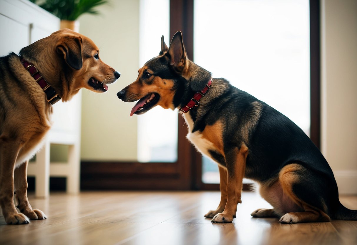 A dog watches as another receives attention and affection, its posture tense and ears pinned back in a display of jealousy