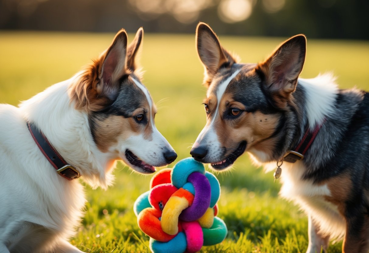 Two dogs, one with ears pinned back, eyeing the other's toy