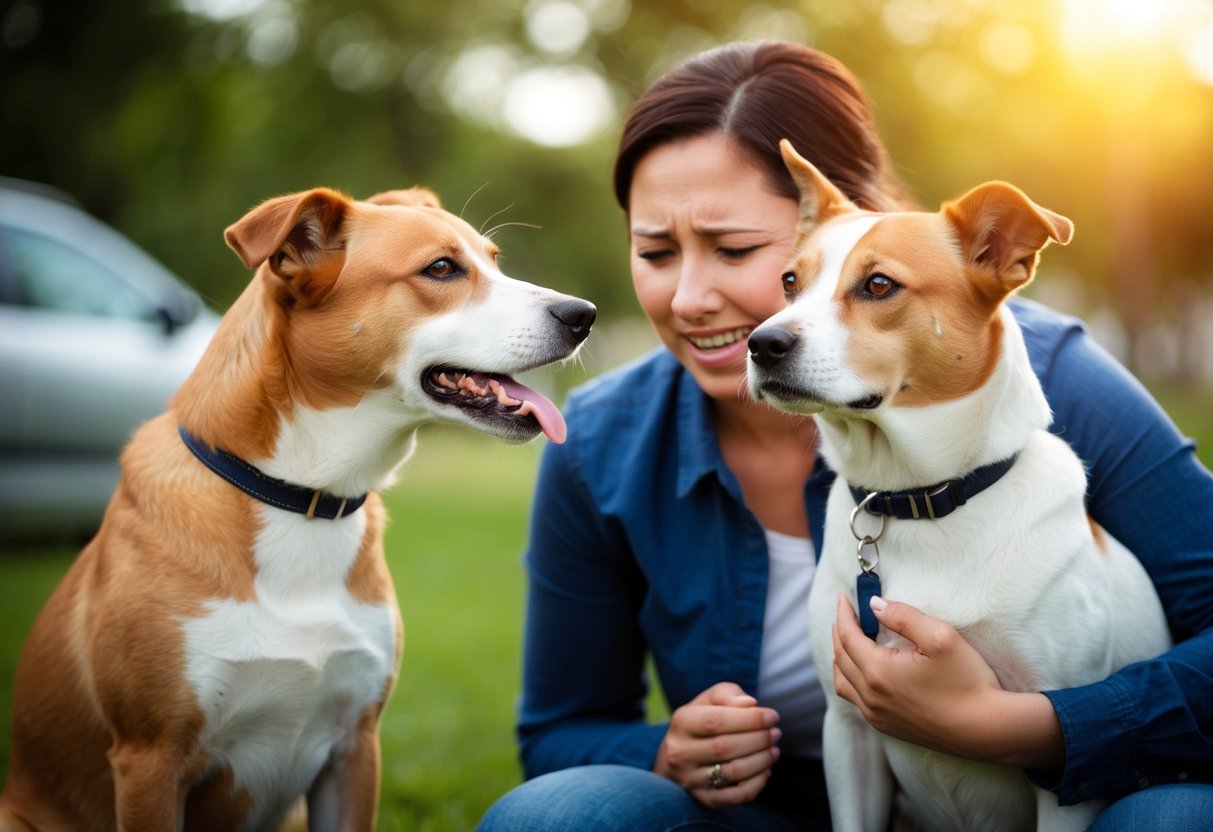A dog watches as another dog receives attention and affection from their owner, while they are left out, looking visibly upset