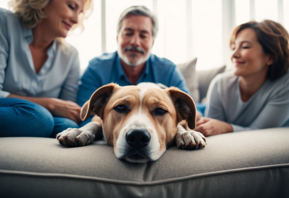 A dog lying peacefully in a comfortable spot, surrounded by loved ones, with a serene expression and a sense of calmness in the air