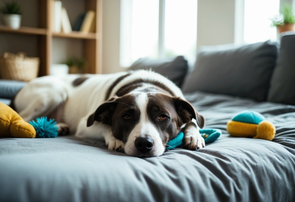 A calm, content dog resting comfortably in a cozy home environment, with toys and comfortable bedding, while the owner leaves for work