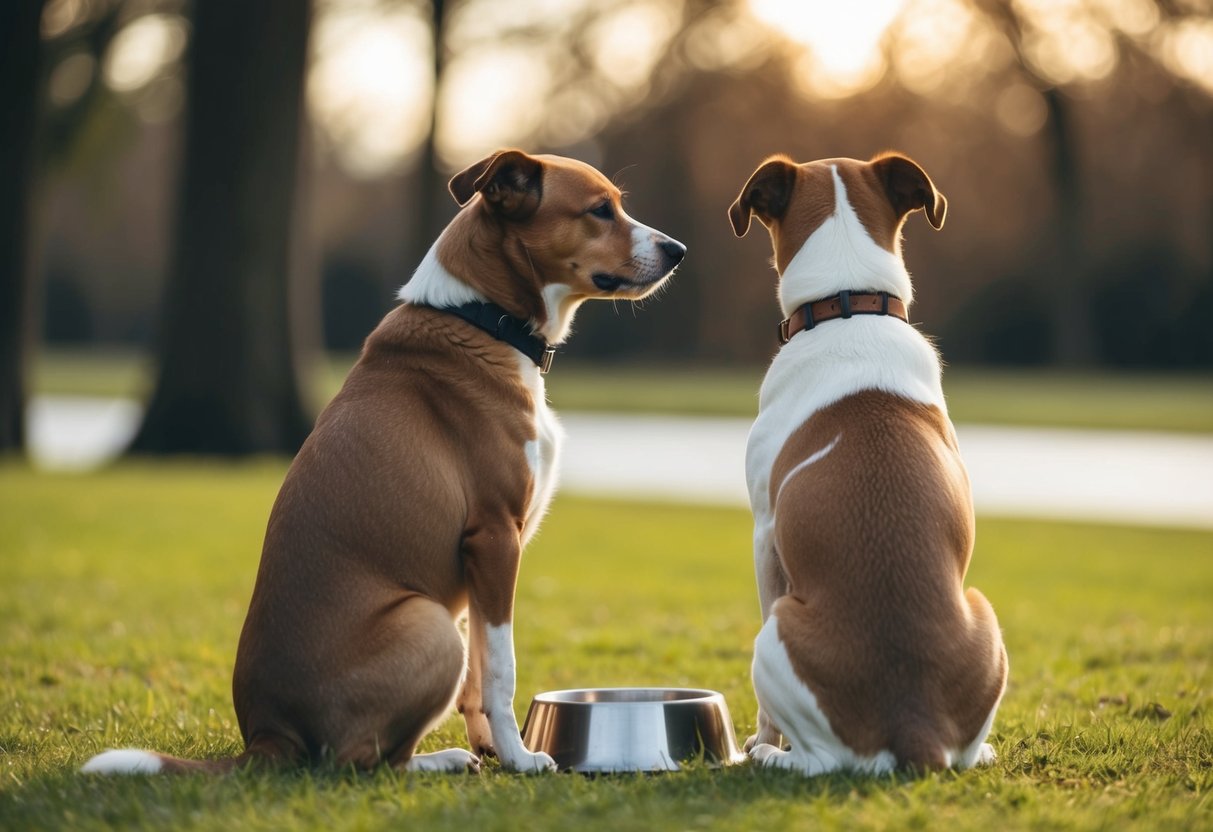 A dog sitting by its food bowl, turning away with a sad expression