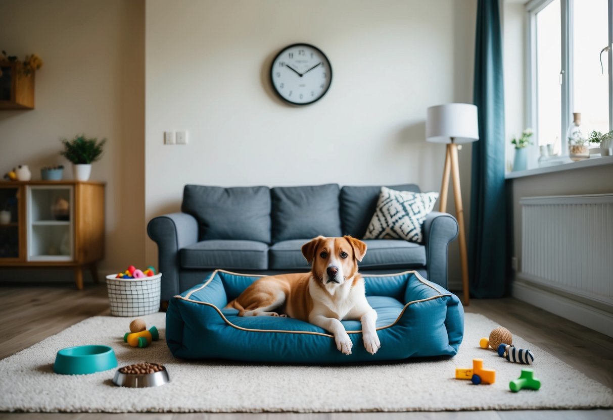 A cozy living room with a comfortable dog bed, toys scattered around, a food and water bowl, and a clock on the wall showing 8 hours passing