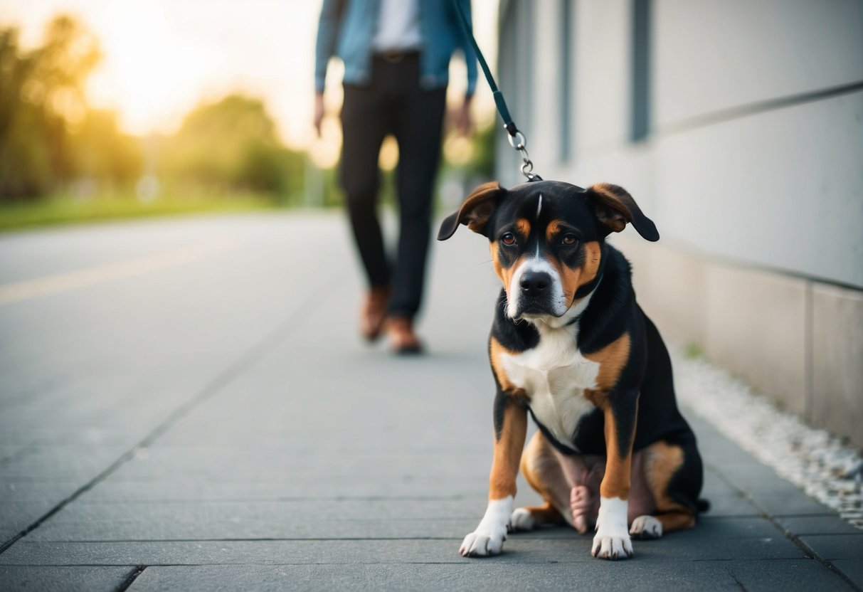 A dog sitting alone, ears drooped, and a sad expression on its face while its owner walks away