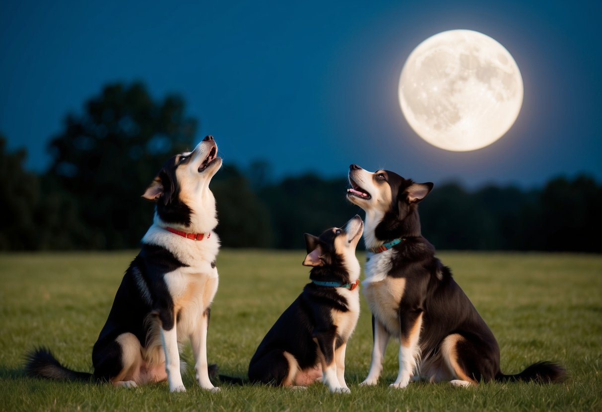 A pack of dogs howling under a full moon at midnight
