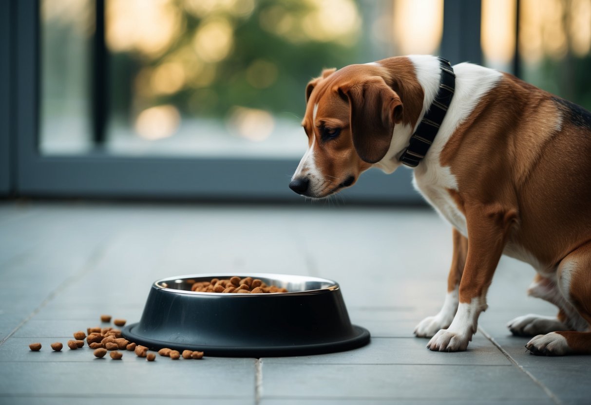 A dog sitting alone by its food bowl, untouched kibble, and a droopy posture. Tail is tucked, ears are back, and eyes are avoiding contact