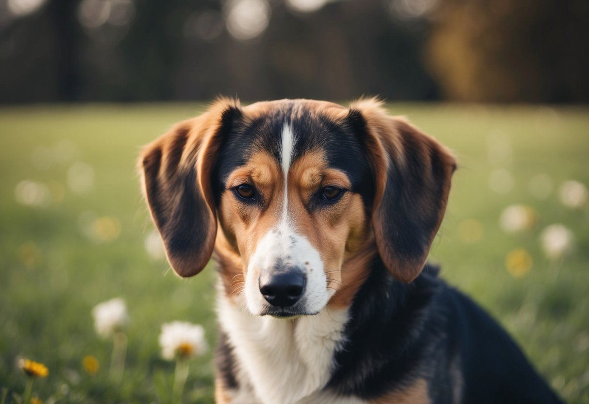 A dog with ears flattened, tail down, and a sad expression